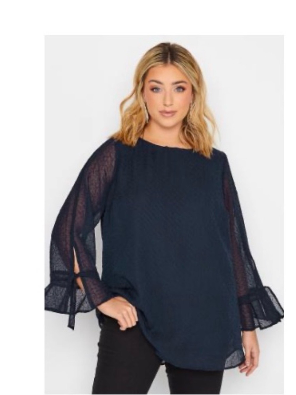 Yours Clothing Navy Textured Sheer Sleeve Blouse